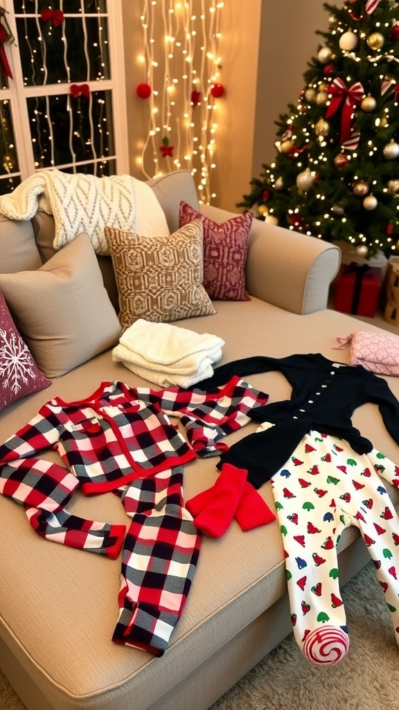Cozy Christmas Movie Night Outfit Ideas Cozy Christmas movie night outfits displayed on a couch with festive decorations.